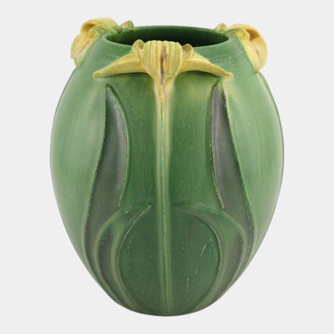 Ephraim Faience 2007 Hand Made Pottery Yellow Japanese Iris Matte Green Vase 417 - Just Art Pottery