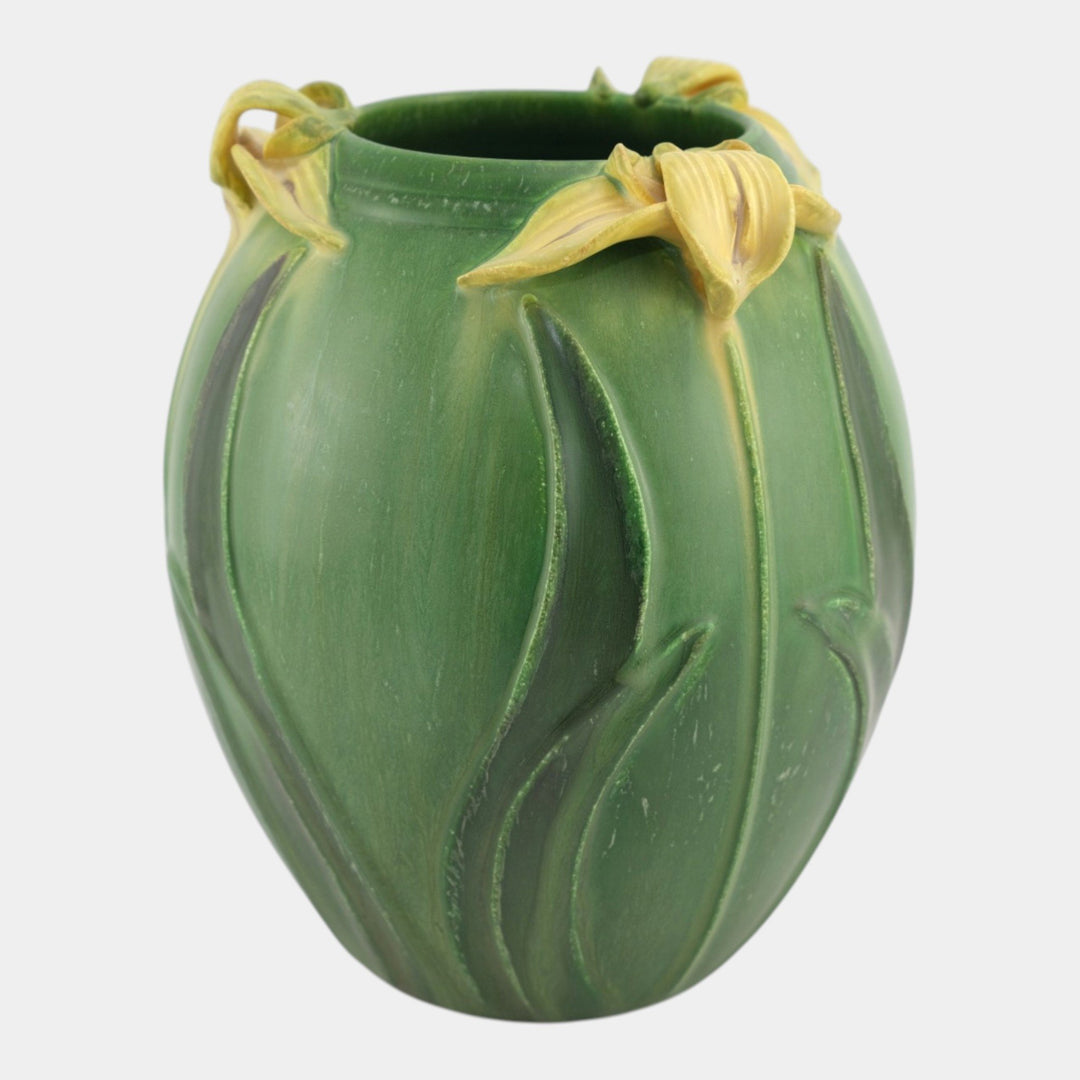 Ephraim Faience 2007 Hand Made Pottery Yellow Japanese Iris Matte Green Vase 417 - Just Art Pottery