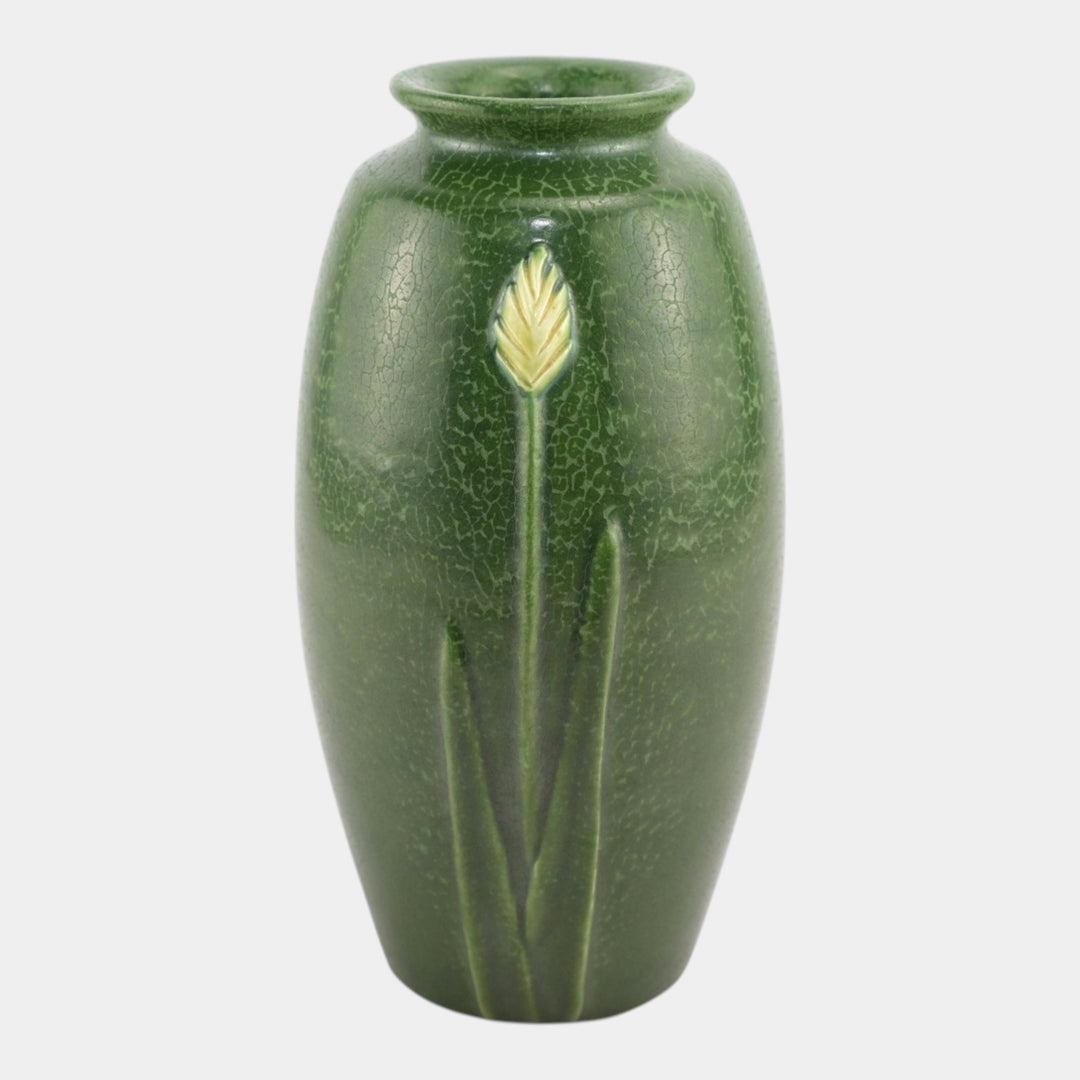 Ephraim Faience 2007 Hand Made Art Pottery Mottled Green Floral Vase - Just Art Pottery