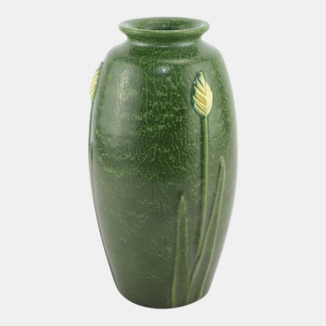 Ephraim Faience 2007 Hand Made Art Pottery Mottled Green Floral Vase - Just Art Pottery