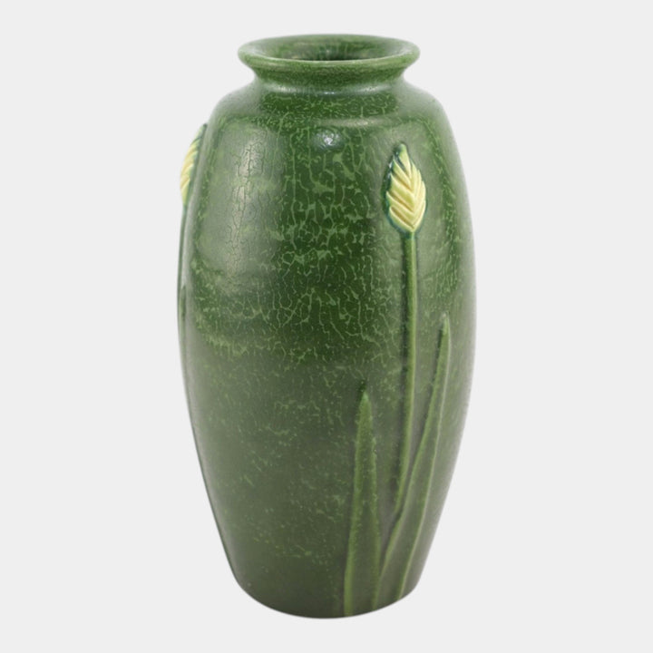 Ephraim Faience 2007 Hand Made Art Pottery Mottled Green Floral Vase - Just Art Pottery