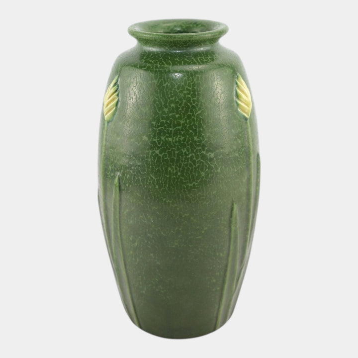 Ephraim Faience 2007 Hand Made Art Pottery Mottled Green Floral Vase - Just Art Pottery