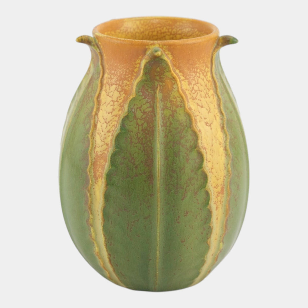 Ephraim Faience 2007 Arts and Crafts Pottery Prairie Sunset Green Leaf Vase 517 - Just Art Pottery