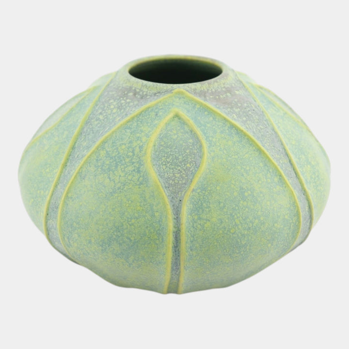 Jemerick Studio Pottery Hand Made Arts And Crafts Matte Green Yellow Bud Vase - Just Art Pottery