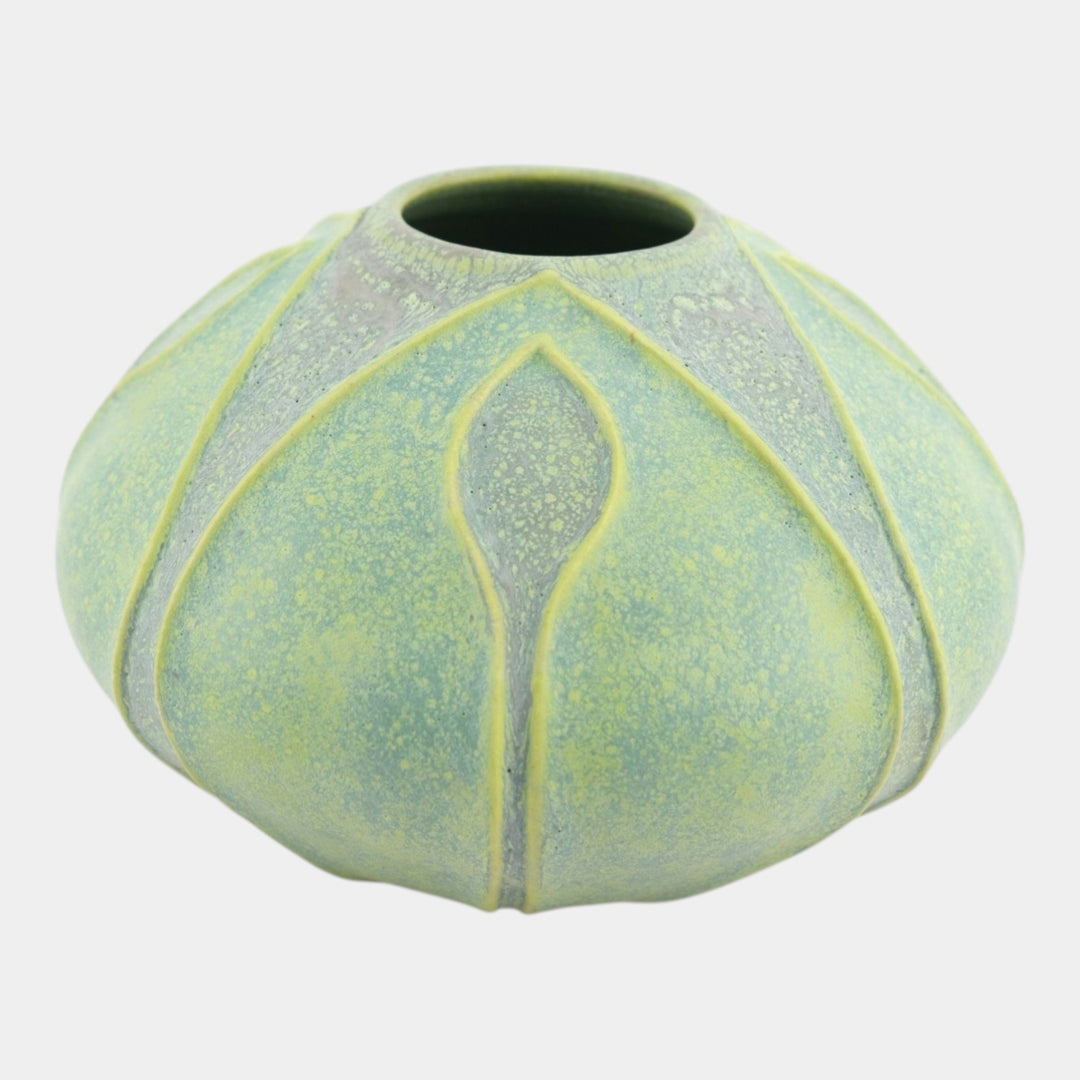 Jemerick Studio Pottery Hand Made Arts And Crafts Matte Green Yellow Bud Vase - Just Art Pottery