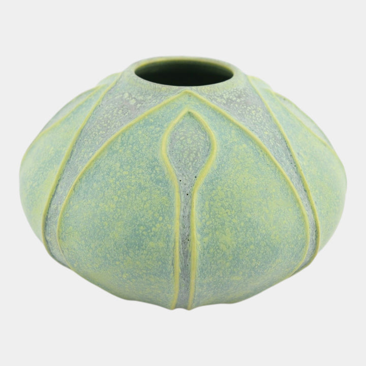 Jemerick Studio Pottery Hand Made Arts And Crafts Matte Green Yellow Bud Vase - Just Art Pottery