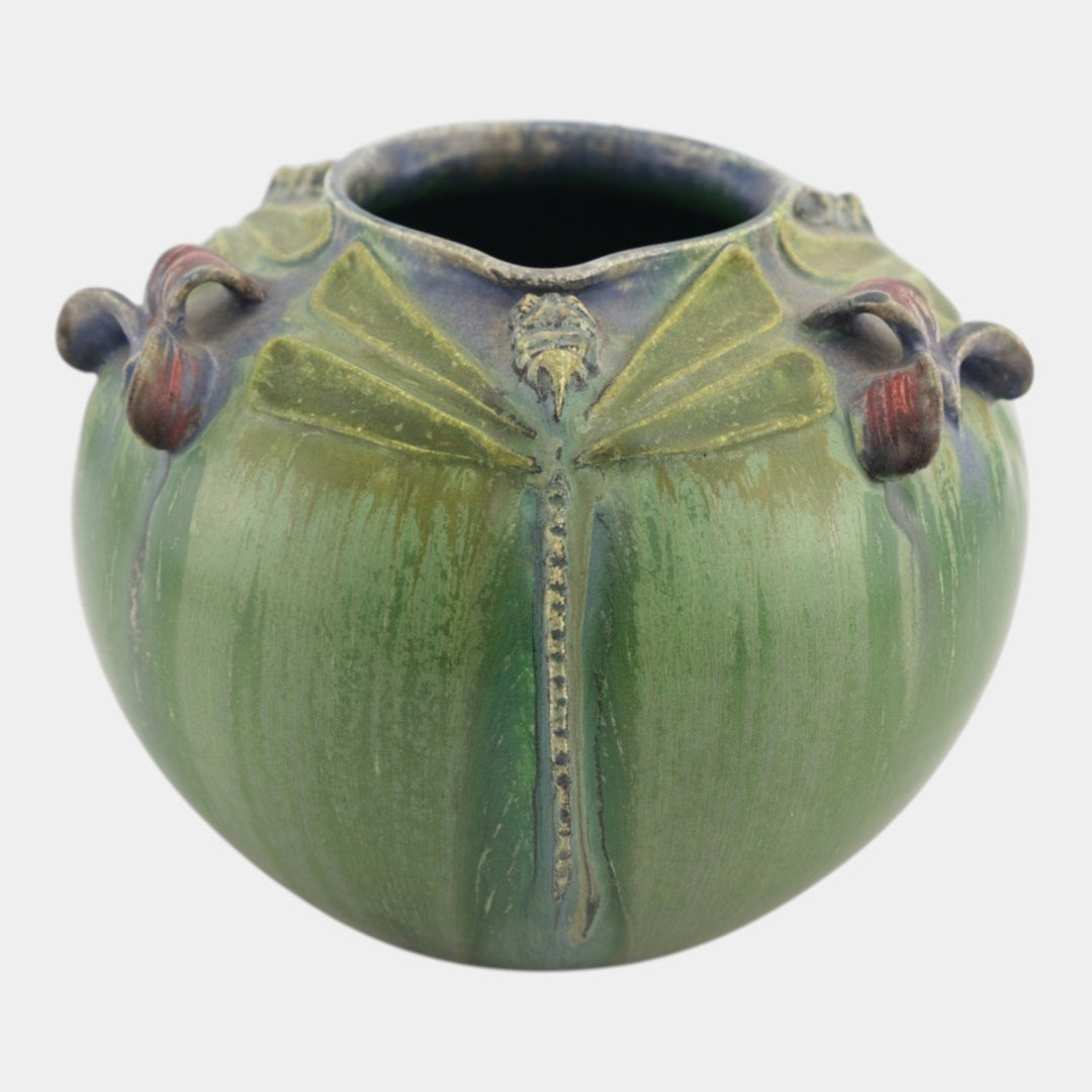 Ephraim Faience 2008 Hand Made Pottery Green Shady Shoreline Dragonfly Vase A09 - Just Art Pottery
