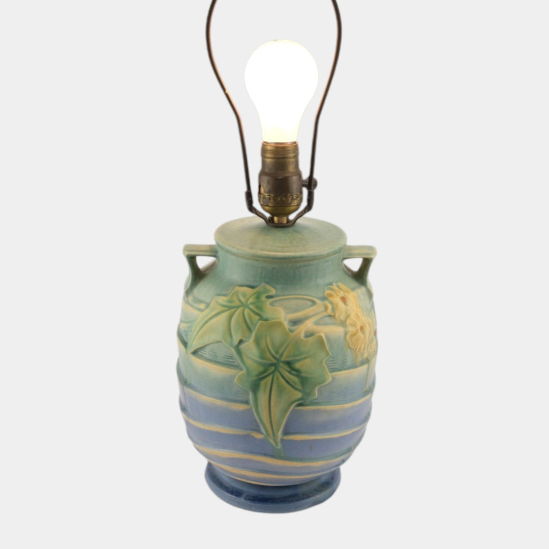 Roseville Luffa Green 1934 Arts And Crafts Pottery Green Blue Factory Lamp - Just Art Pottery