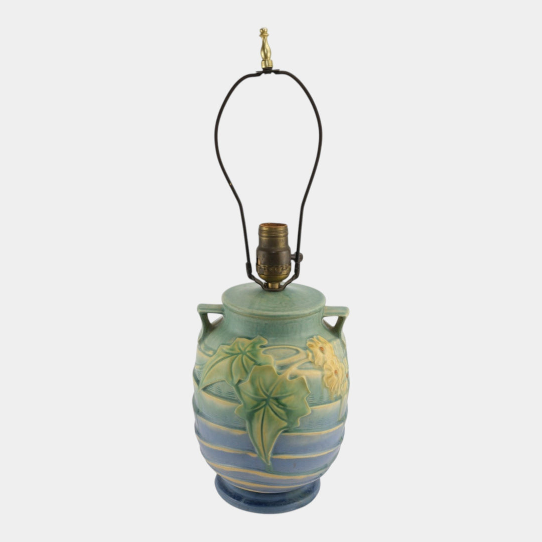 Roseville Luffa Green 1934 Arts And Crafts Pottery Green Blue Factory Lamp - Just Art Pottery