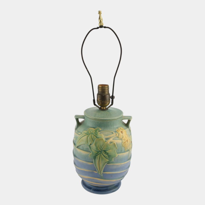 Roseville Luffa Green 1934 Arts And Crafts Pottery Green Blue Factory Lamp - Just Art Pottery