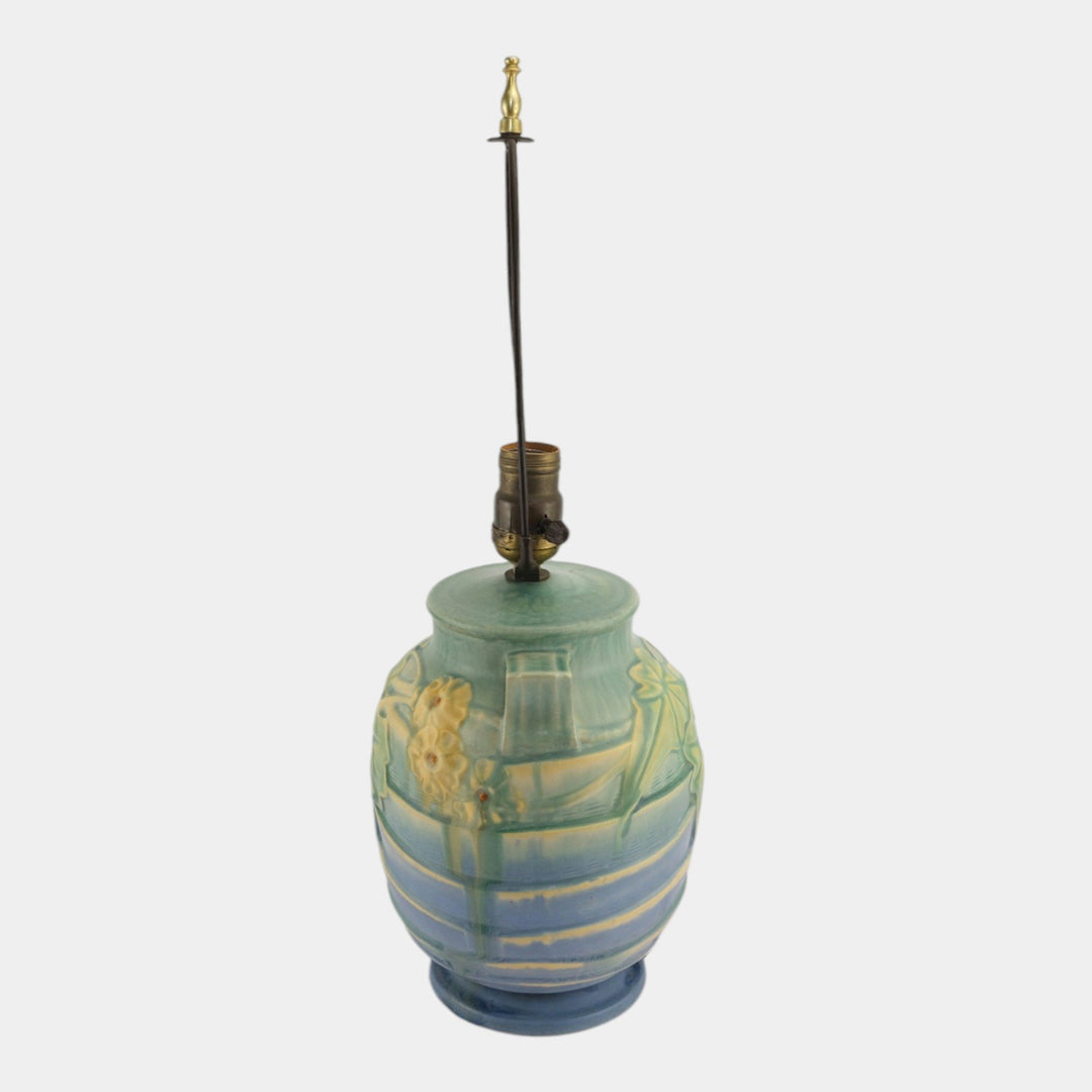 Roseville Luffa Green 1934 Arts And Crafts Pottery Green Blue Factory Lamp - Just Art Pottery