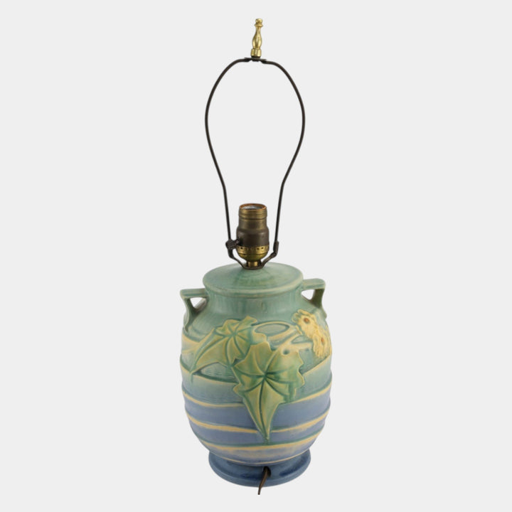 Roseville Luffa Green 1934 Arts And Crafts Pottery Green Blue Factory Lamp - Just Art Pottery