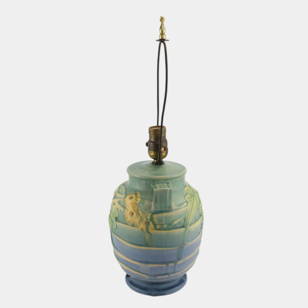 Roseville Luffa Green 1934 Arts And Crafts Pottery Green Blue Factory Lamp - Just Art Pottery