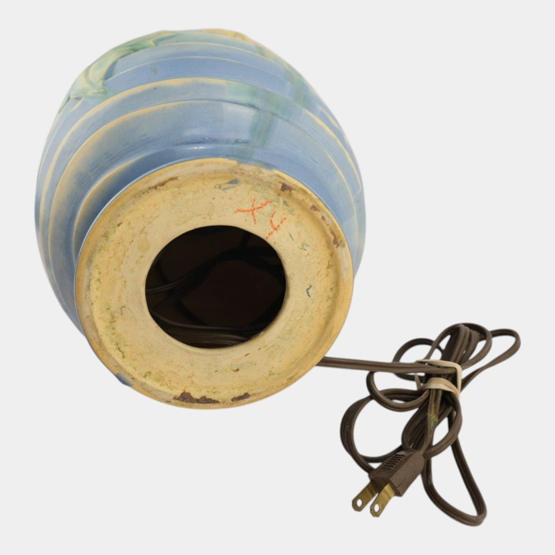 Roseville Luffa Green 1934 Arts And Crafts Pottery Green Blue Factory Lamp - Just Art Pottery