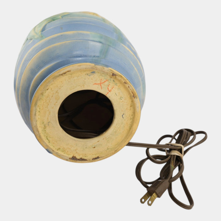 Roseville Luffa Green 1934 Arts And Crafts Pottery Green Blue Factory Lamp - Just Art Pottery