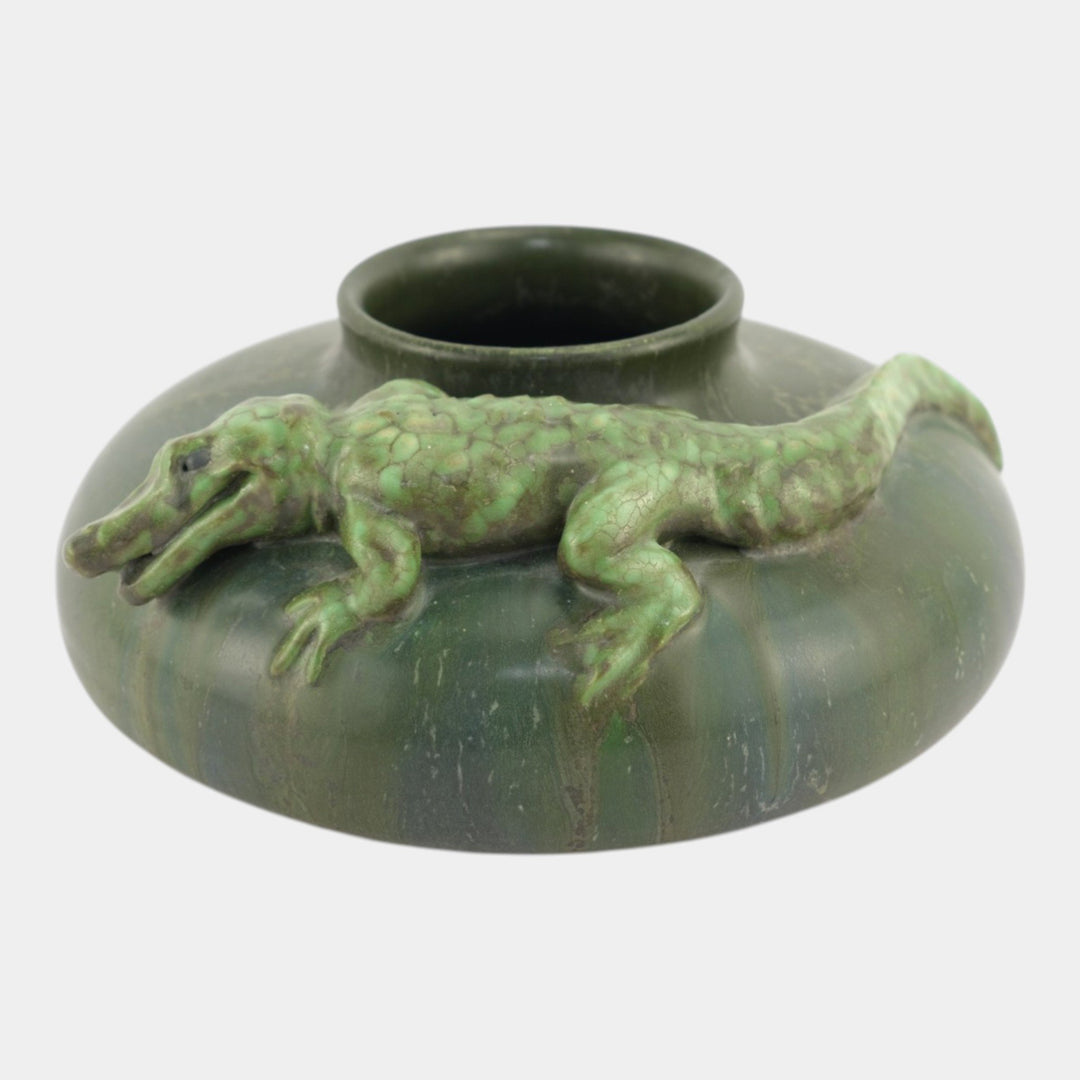 Ephraim Faience 2006 Experimental Art Pottery Alligator Matte Green Vase A34 - Just Art Pottery