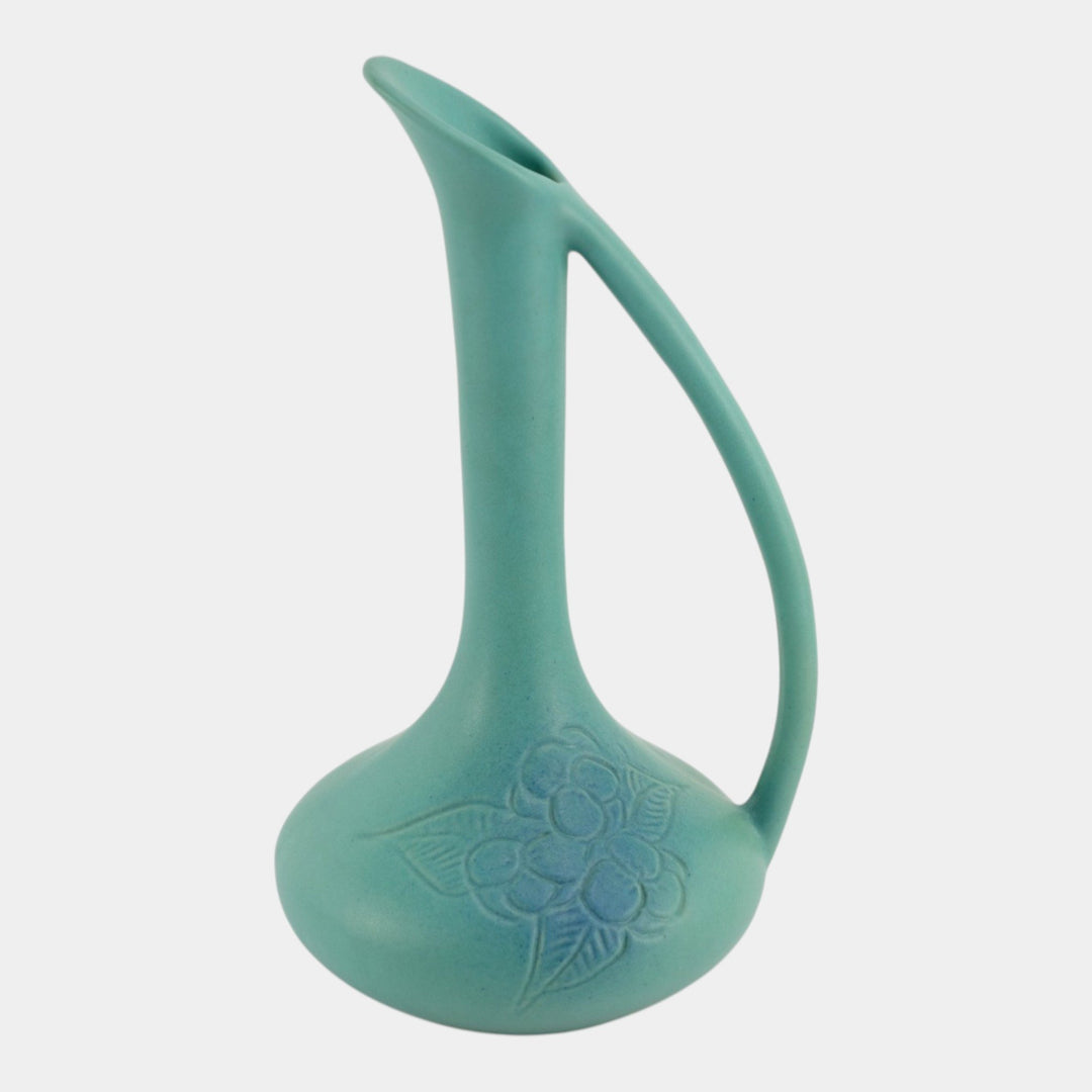 Van Briggle Art Pottery Tall Turquoise Hard Carved Floral Ceramic Ewer - Just Art Pottery
