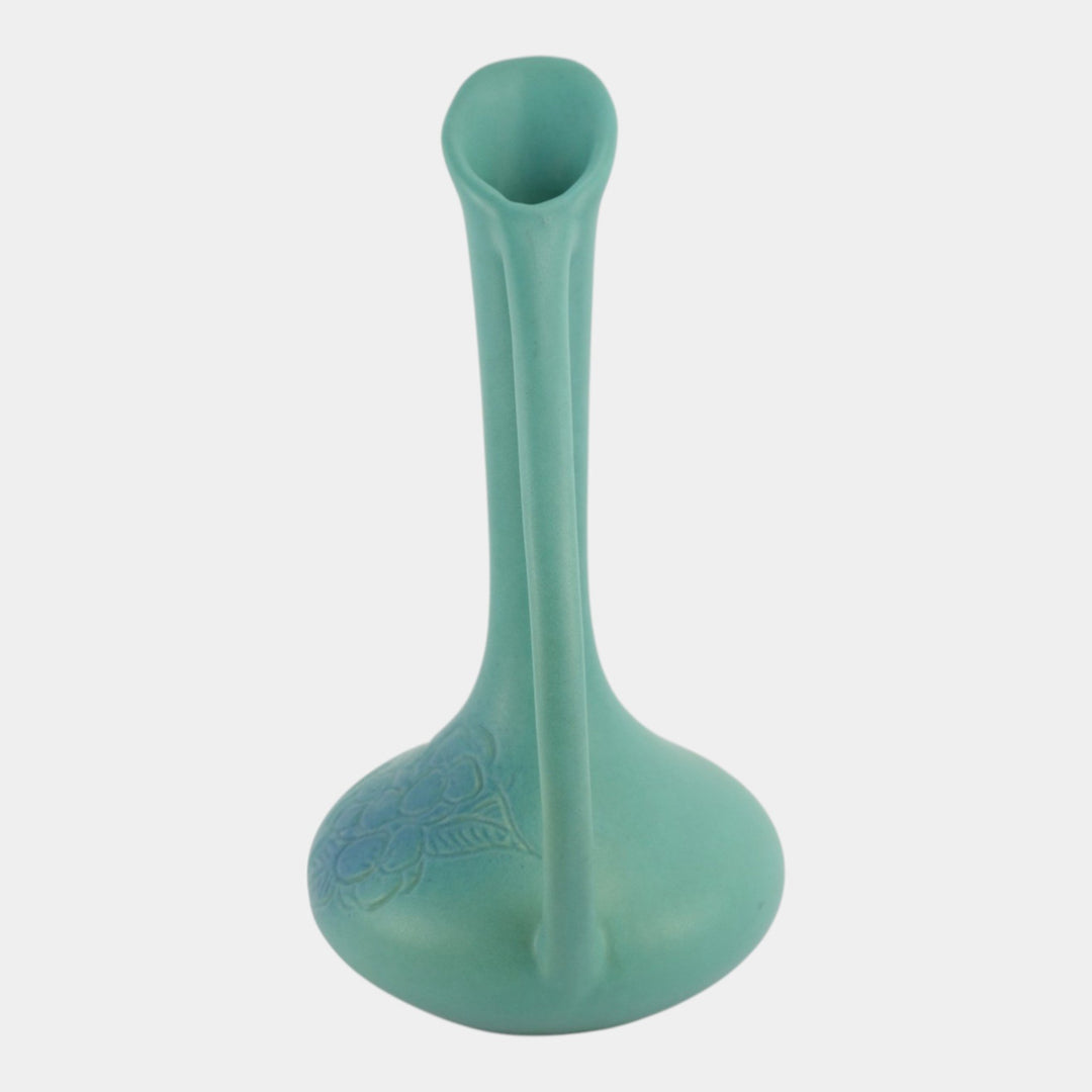 Van Briggle Art Pottery Tall Turquoise Hard Carved Floral Ceramic Ewer - Just Art Pottery