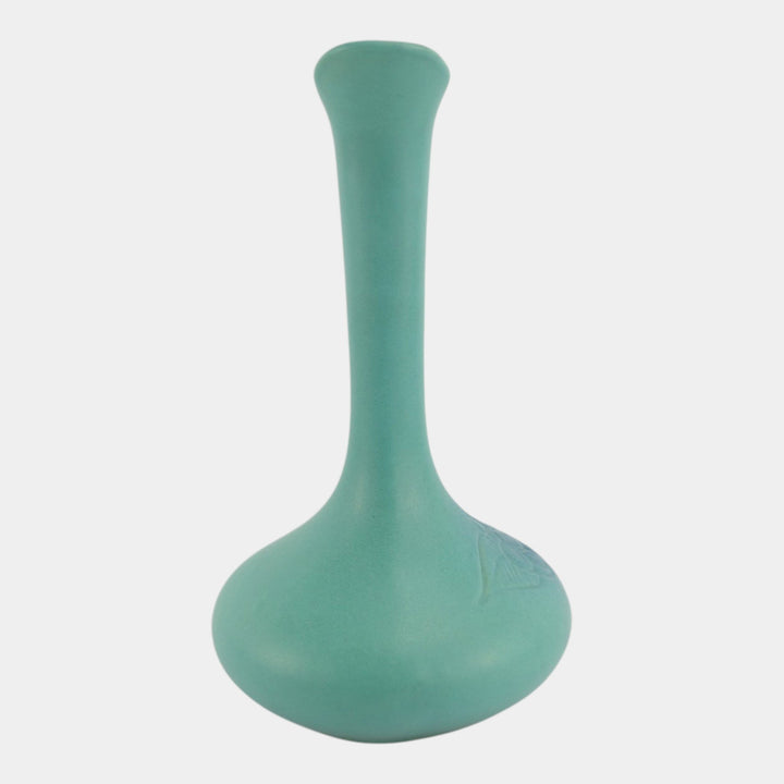 Van Briggle Art Pottery Tall Turquoise Hard Carved Floral Ceramic Ewer - Just Art Pottery
