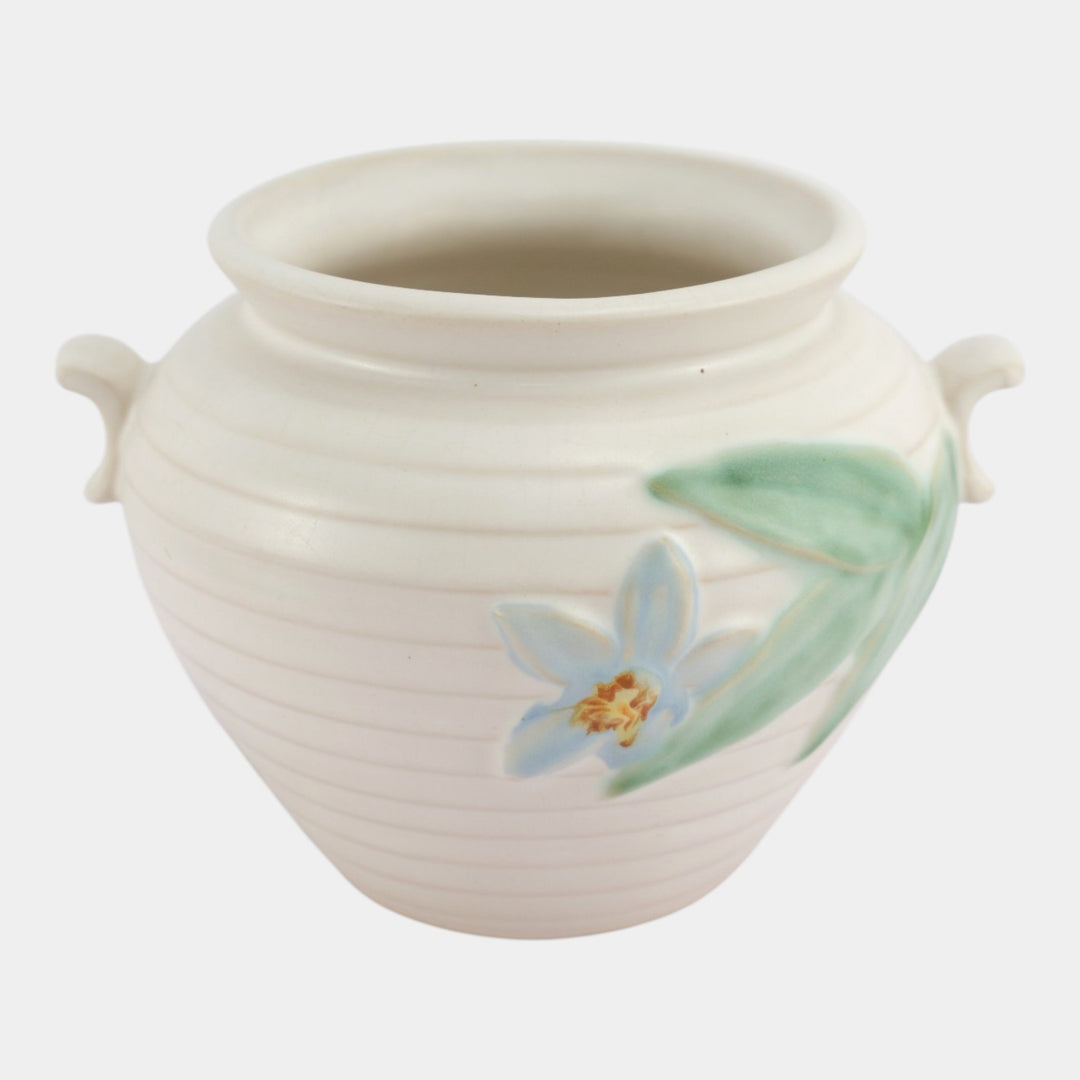 Weller Mi-Flo 1930s Vintage Art Deco Pottery Blue Flower White Ceramic Vase M-3 - Just Art Pottery