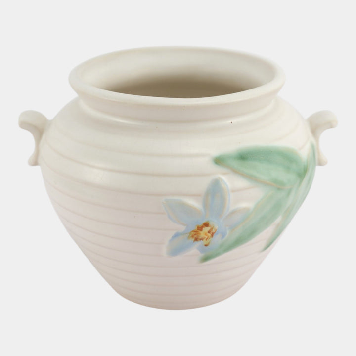 Weller Mi-Flo 1930s Vintage Art Deco Pottery Blue Flower White Ceramic Vase M-3 - Just Art Pottery