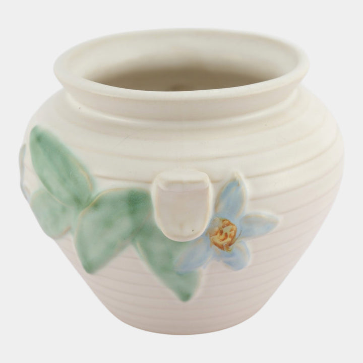 Weller Mi-Flo 1930s Vintage Art Deco Pottery Blue Flower White Ceramic Vase M-3 - Just Art Pottery