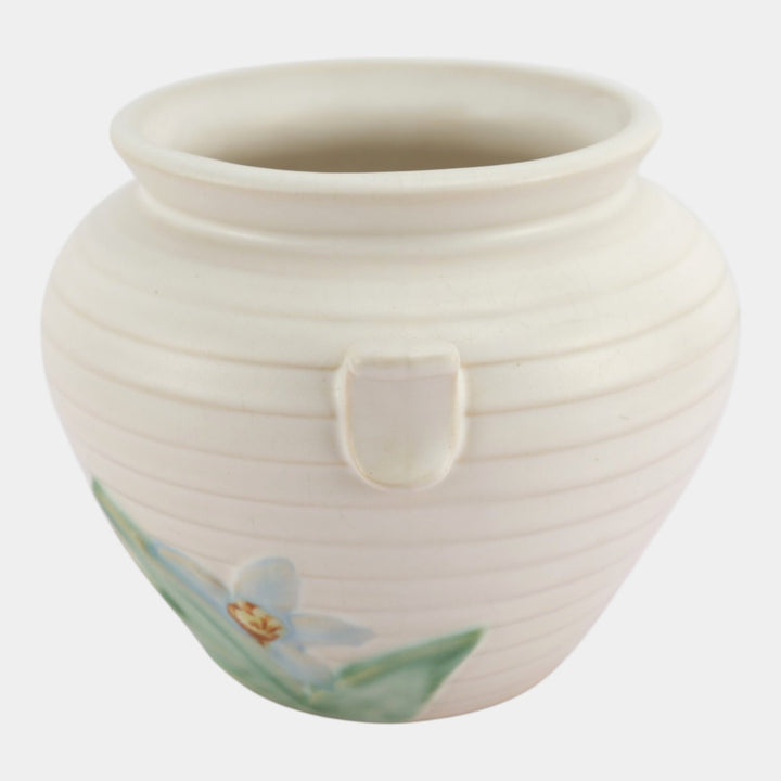 Weller Mi-Flo 1930s Vintage Art Deco Pottery Blue Flower White Ceramic Vase M-3 - Just Art Pottery