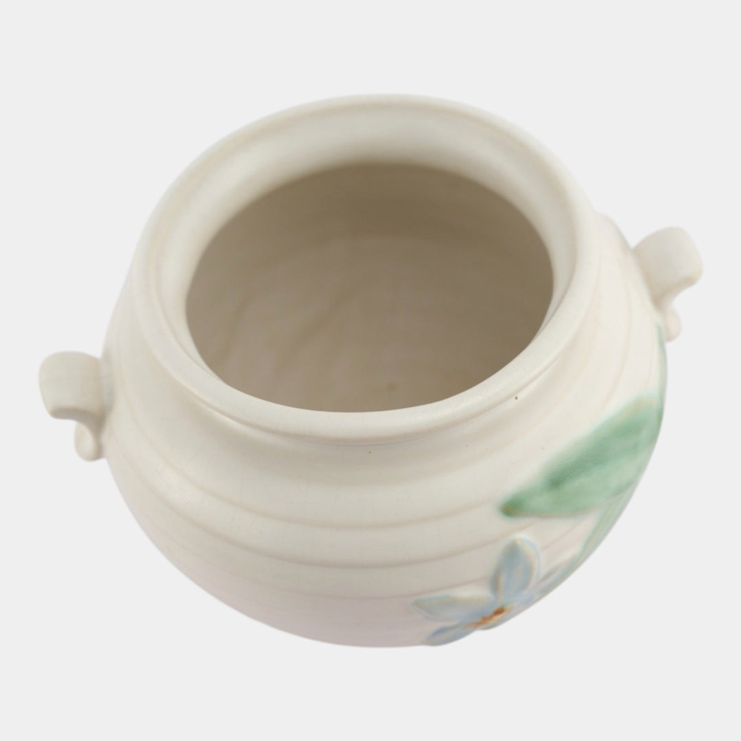 Weller Mi-Flo 1930s Vintage Art Deco Pottery Blue Flower White Ceramic Vase M-3 - Just Art Pottery