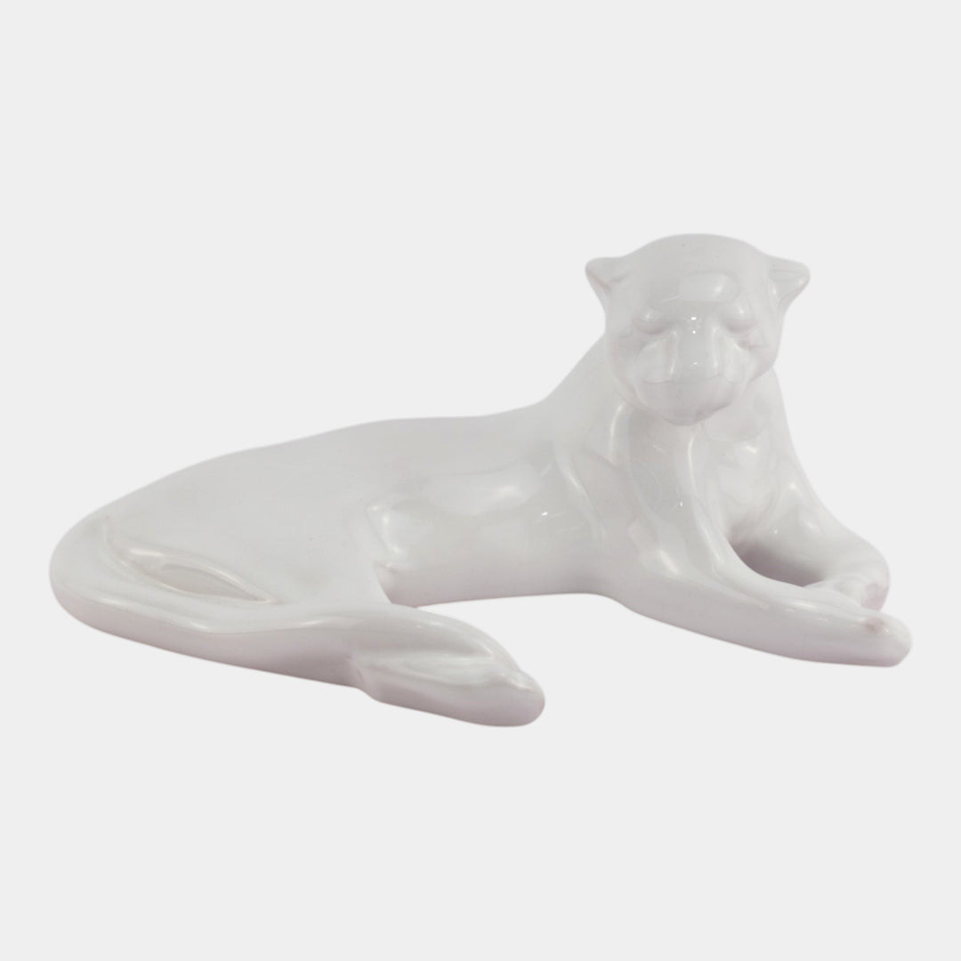 Frankoma 1940s Vintage Art Pottery White Ceramic Reclining Puma Cat Figurine 116 - Just Art Pottery