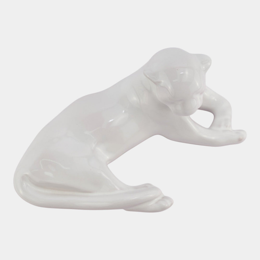 Frankoma 1940s Vintage Art Pottery White Ceramic Reclining Puma Cat Figurine 116 - Just Art Pottery