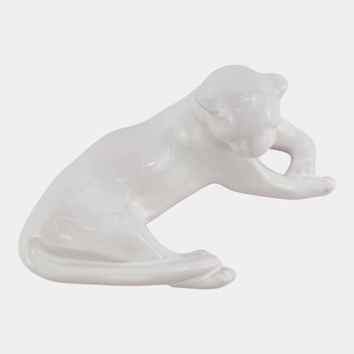 Frankoma 1940s Vintage Art Pottery White Ceramic Reclining Puma Cat Figurine 116 - Just Art Pottery