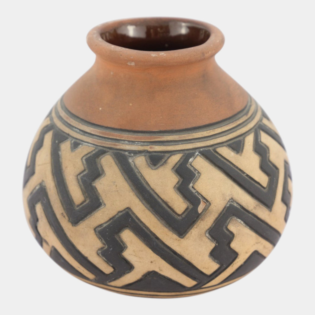 Weller Souevo 1910s Vintage Art Pottery Hand Carved Native American Design Vase