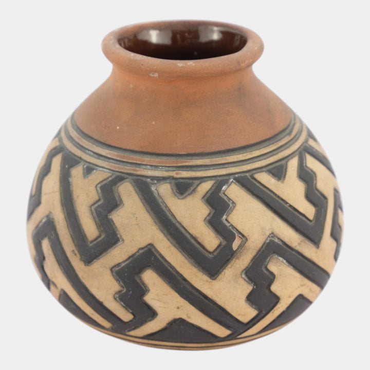 Weller Souevo 1910s Vintage Art Pottery Hand Carved Native American Design Vase