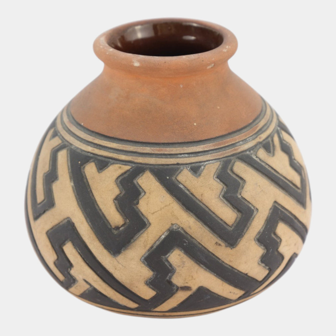 Weller Souevo 1910s Vintage Art Pottery Hand Carved Native American Design Vase