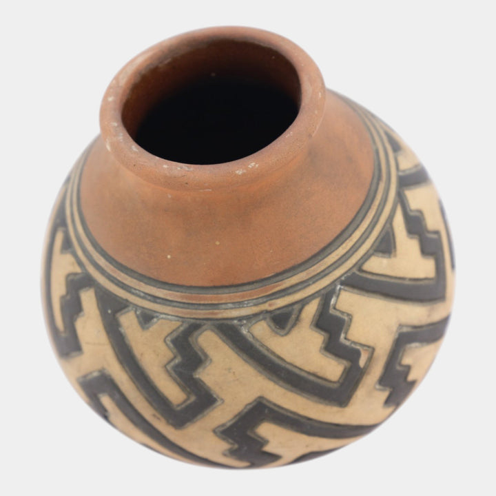 Weller Souevo 1910s Vintage Art Pottery Hand Carved Native American Design Vase