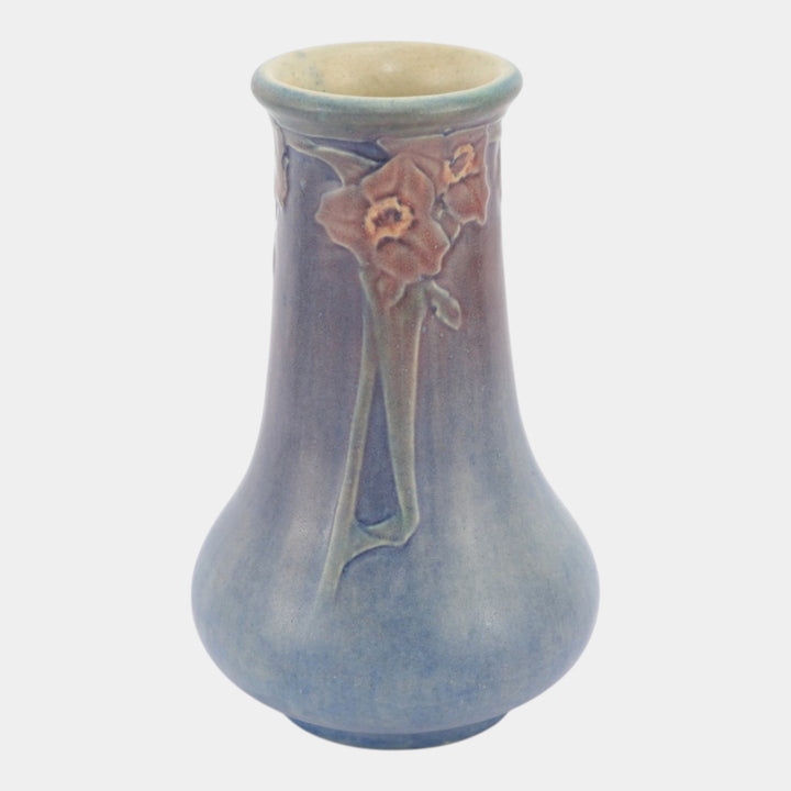 Newcomb College 1920 Vintage Arts and Crafts Pottery Blue Red Floral Vase Irvine - Just Art Pottery