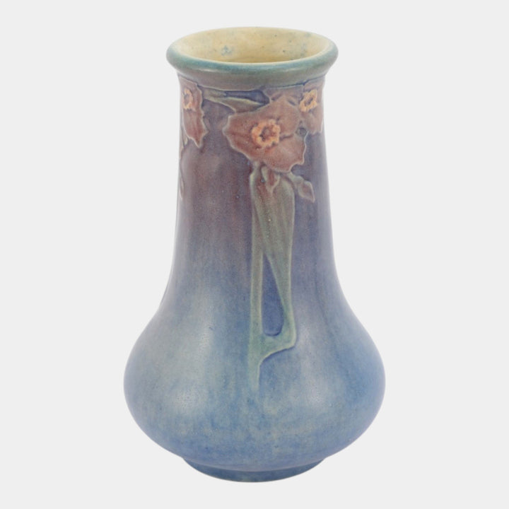 Newcomb College 1920 Vintage Arts and Crafts Pottery Blue Red Floral Vase Irvine - Just Art Pottery