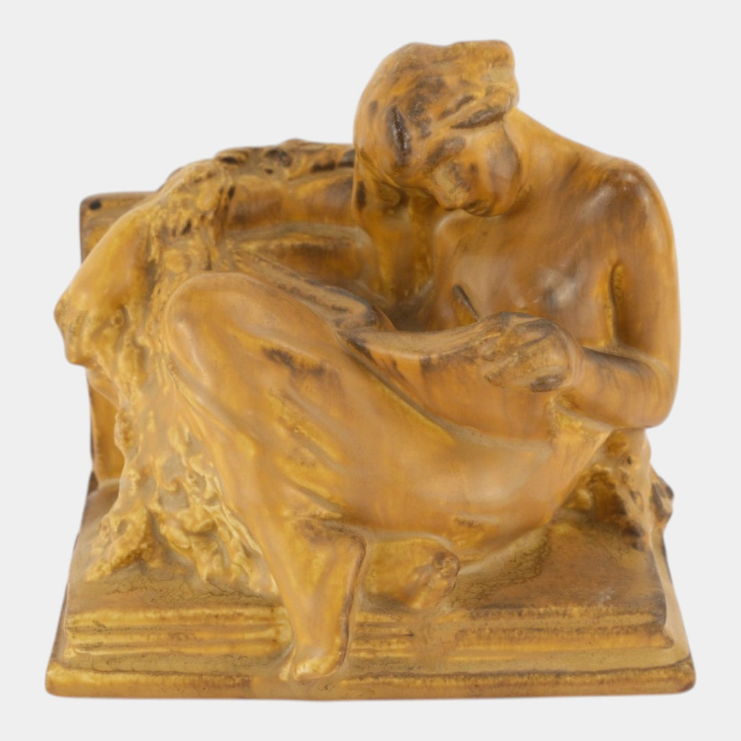 Rookwood 1920 Vintage Art Pottery Tan Ceramic Woman Reading Figural Bookend 2184 - Just Art Pottery