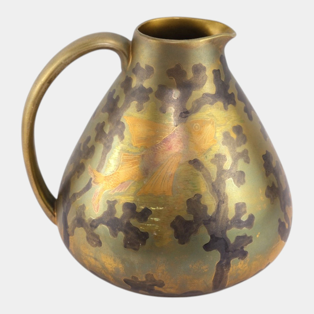 Swastika Keramos 1900s Art Nouveau Pottery Bronze Luster Fish Ceramic Pitcher - Just Art Pottery