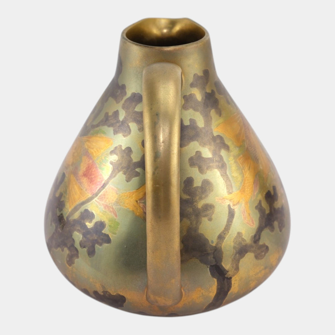 Swastika Keramos 1900s Art Nouveau Pottery Bronze Luster Fish Ceramic Pitcher - Just Art Pottery