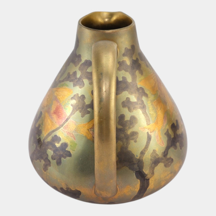 Swastika Keramos 1900s Art Nouveau Pottery Bronze Luster Fish Ceramic Pitcher - Just Art Pottery