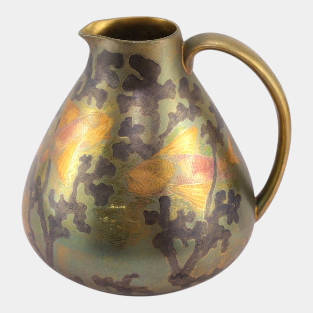 Swastika Keramos 1900s Art Nouveau Pottery Bronze Luster Fish Ceramic Pitcher - Just Art Pottery