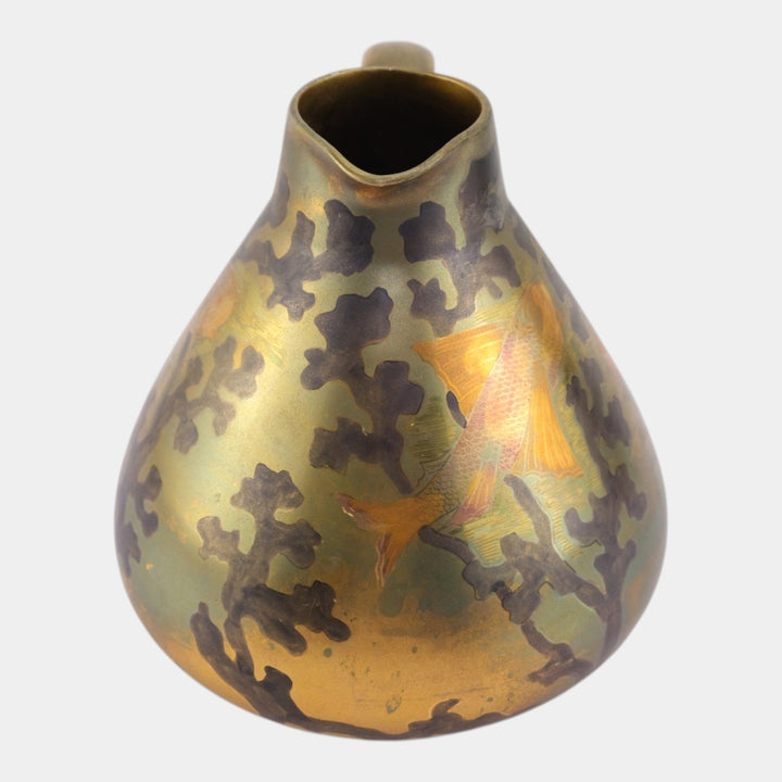 Swastika Keramos 1900s Art Nouveau Pottery Bronze Luster Fish Ceramic Pitcher - Just Art Pottery