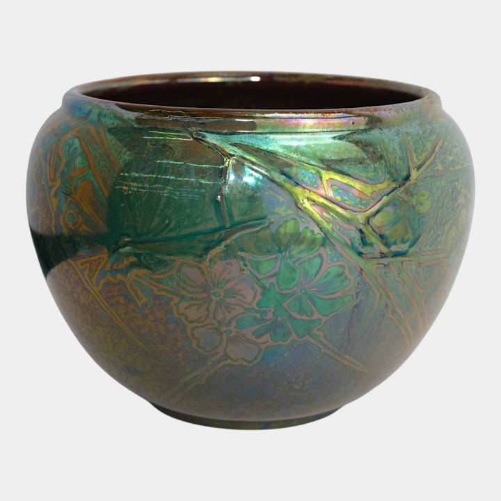 Weller Sicard 1902-07 Art Nouveau Pottery Iridescent Luster Floral Butterfly Ceramic Jardiniere - Just Art Pottery