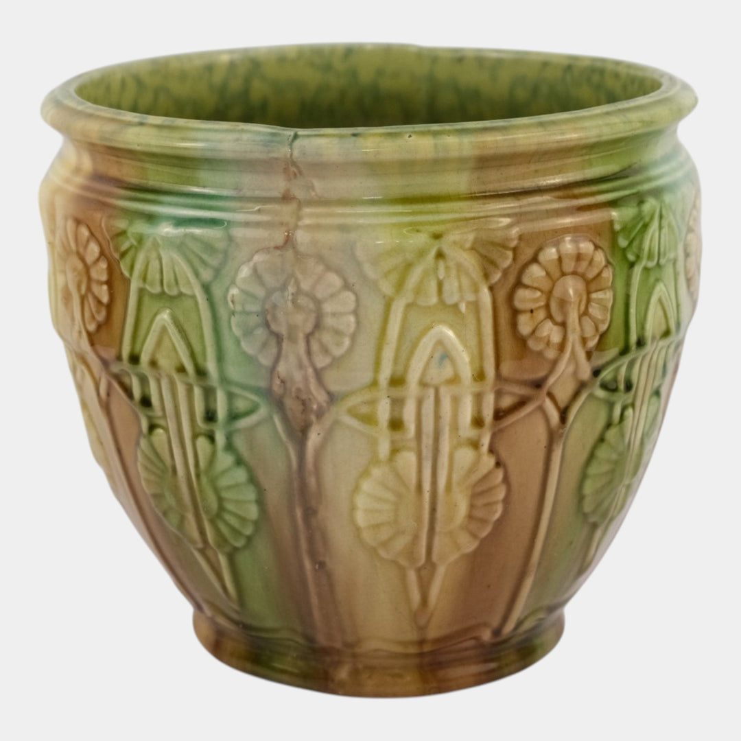 Brush McCoy Early 1900s Pottery Blended Green Brown Majolica Jardiniere Planter - Just Art Pottery