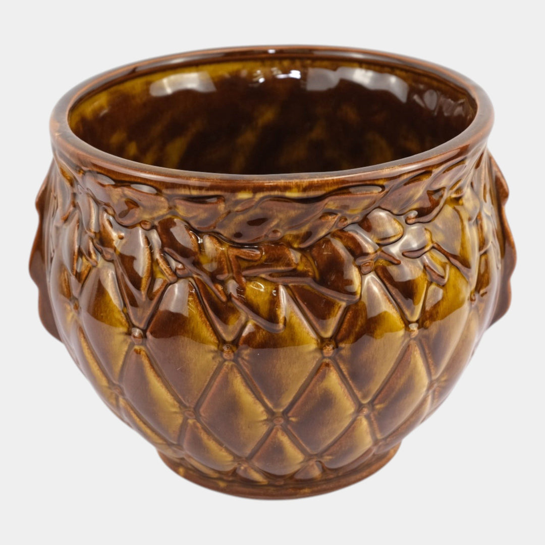 McCoy Diamond Quilted Mid Century Modern Pottery Brown Jardiniere Planter - Just Art Pottery