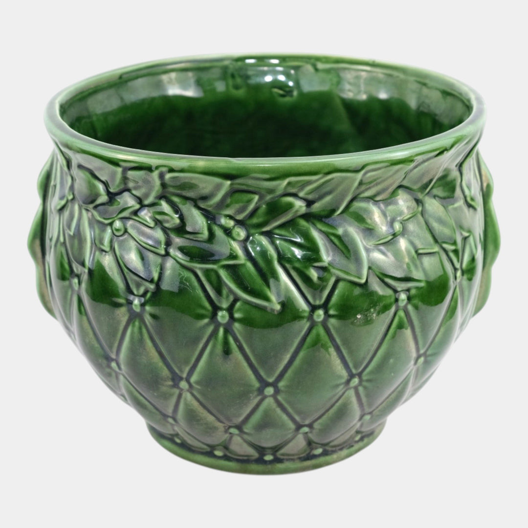 McCoy 1954 Vintage Art Pottery Dark Green Quilted Ceramic Jardiniere Planter - Just Art Pottery