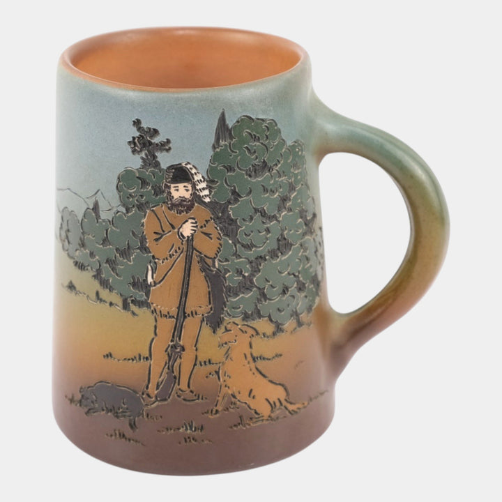 Weller Dickens Ware 1900s Vintage Art Pottery Brown To Blue Hunter And Dog Mug - Just Art Pottery
