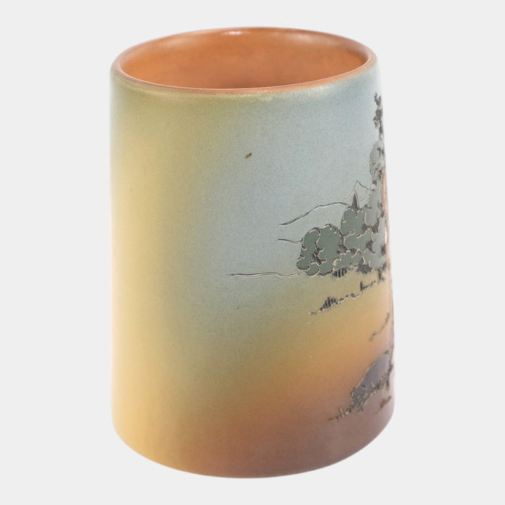 Weller Dickens Ware 1900s Vintage Art Pottery Brown To Blue Hunter And Dog Mug - Just Art Pottery