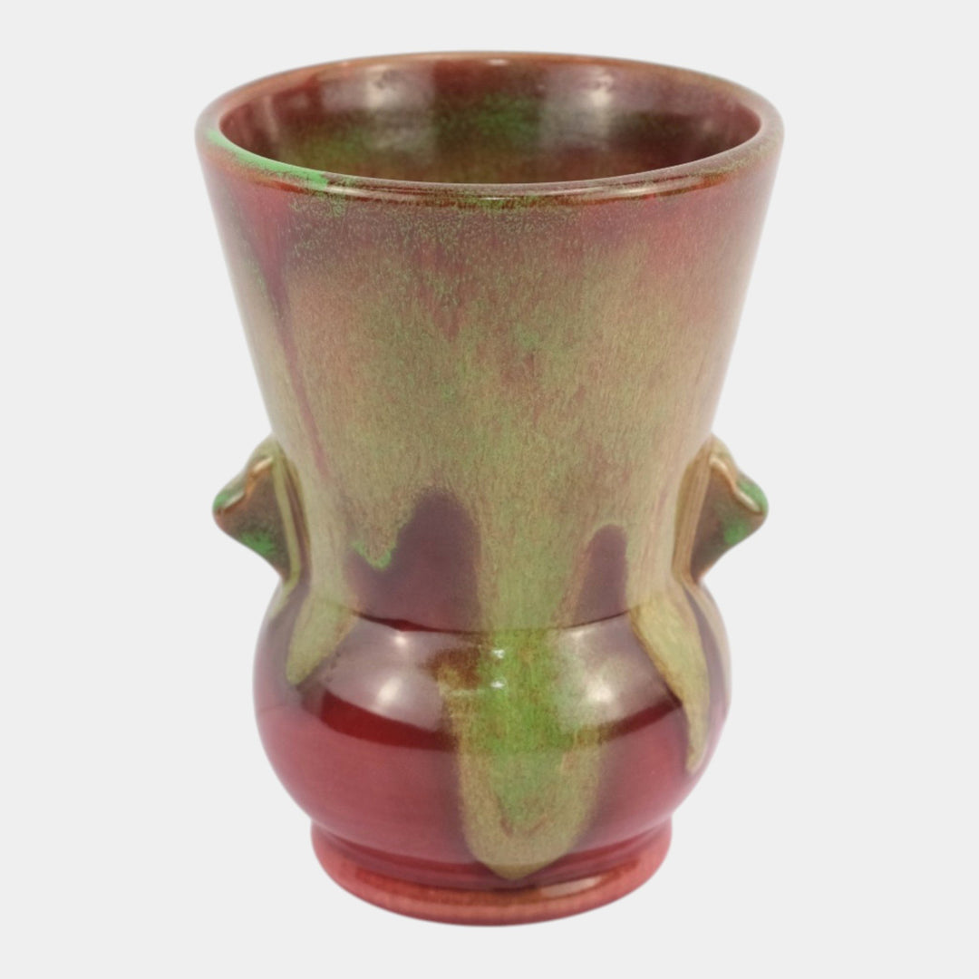 Weller Turkis 1920s Vintage Art Pottery Red Green Drip Ceramic Handled Vase - Just Art Pottery